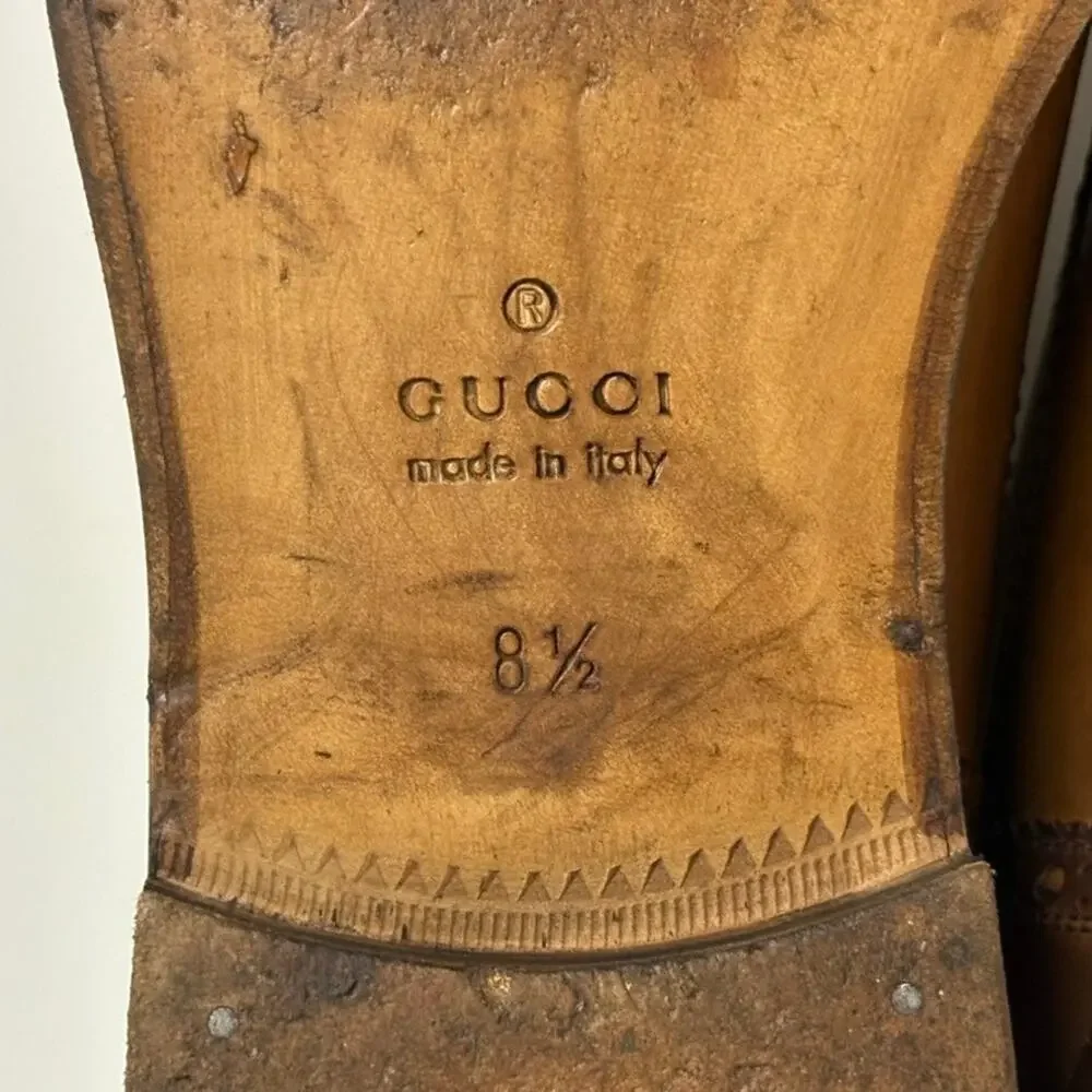 VGUC Gucci Cap Toe Derby Brogue Burnished Tan Calf Cognac Made in Italy US 9 D